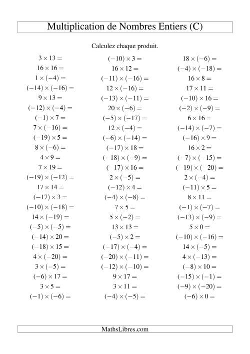 Multiplication de nombres entiers de (-20) à 20 (75 par page) (C)