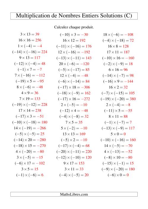 Multiplication de nombres entiers de (-20) à 20 (75 par page) (C) page 2
