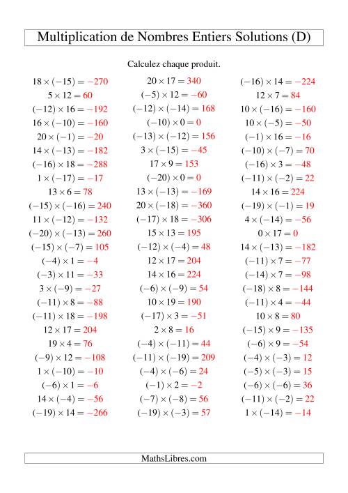 Multiplication de nombres entiers de (-20) à 20 (75 par page) (D) page 2