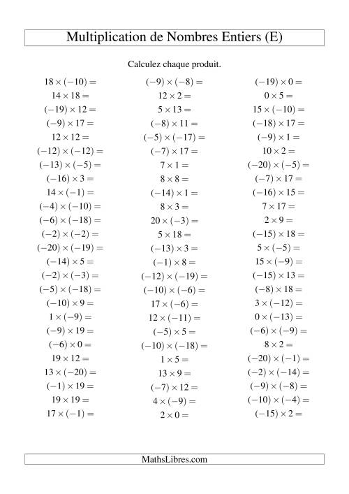 Multiplication de nombres entiers de (-20) à 20 (75 par page) (E)