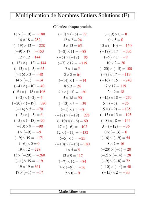 Multiplication de nombres entiers de (-20) à 20 (75 par page) (E) page 2