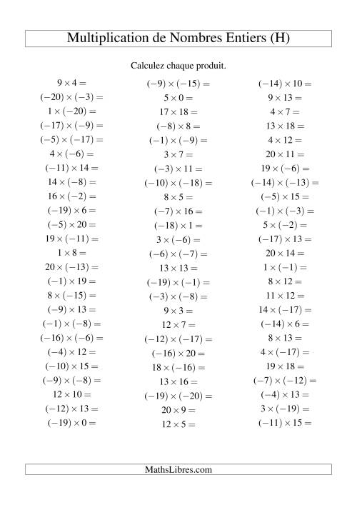 Multiplication de nombres entiers de (-20) à 20 (75 par page) (H)