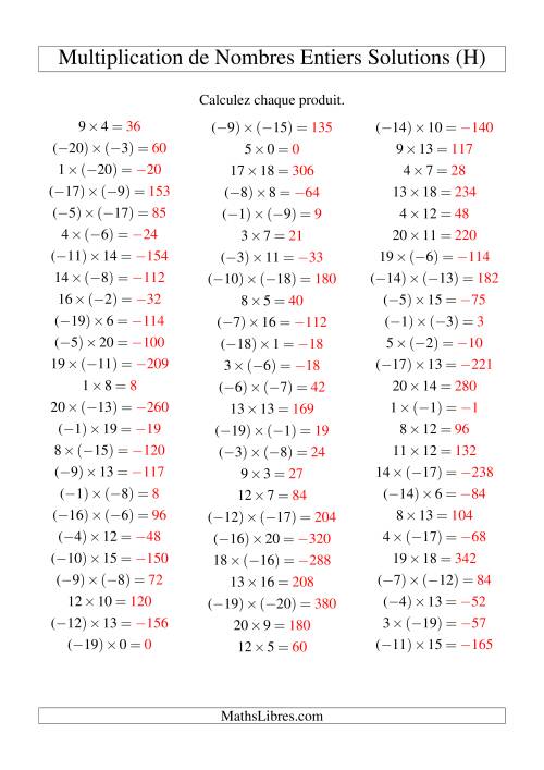 Multiplication de nombres entiers de (-20) à 20 (75 par page) (H) page 2
