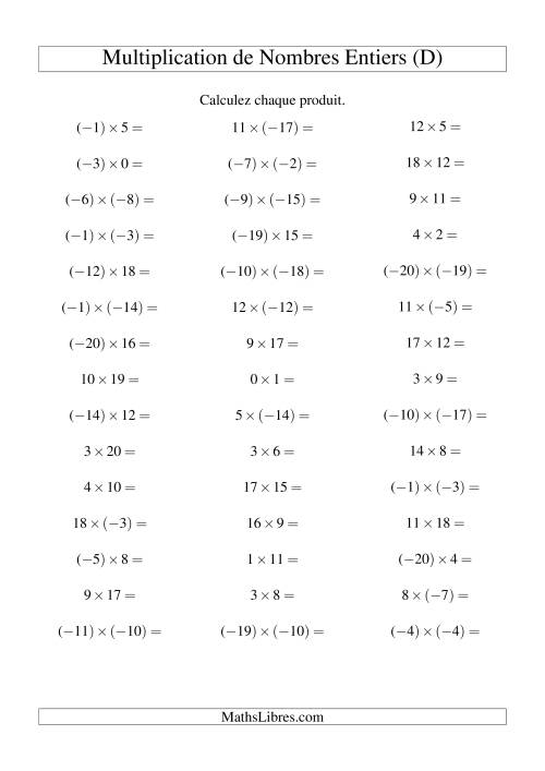 Multiplication de nombres entiers de (-20) à 20 (45 par page) (D)