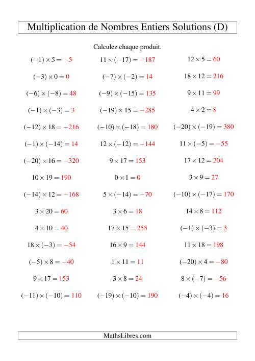 Multiplication de nombres entiers de (-20) à 20 (45 par page) (D) page 2