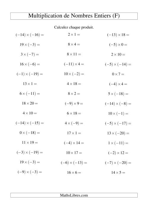 Multiplication de nombres entiers de (-20) à 20 (45 par page) (F)