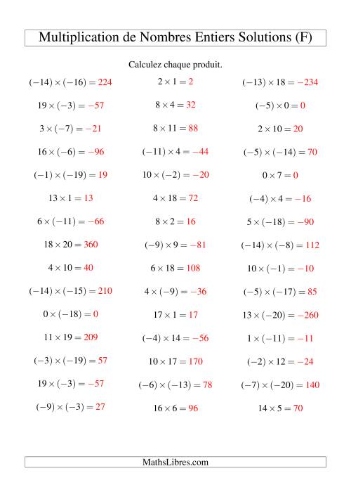 Multiplication de nombres entiers de (-20) à 20 (45 par page) (F) page 2