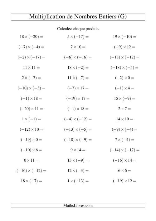 Multiplication de nombres entiers de (-20) à 20 (45 par page) (G)