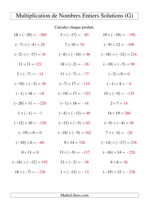 Multiplication de nombres entiers de (-20) à 20 (45 par page) (G) page 2