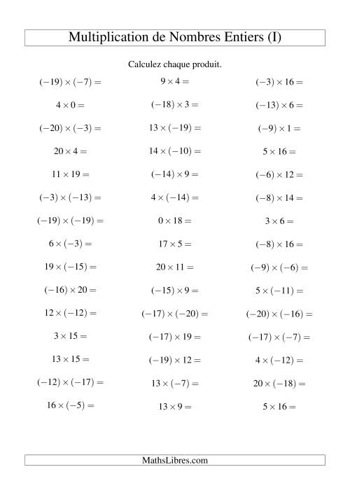 Multiplication de nombres entiers de (-20) à 20 (45 par page) (I)