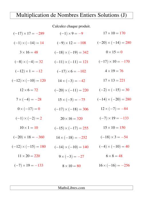 Multiplication de nombres entiers de (-20) à 20 (45 par page) (J) page 2
