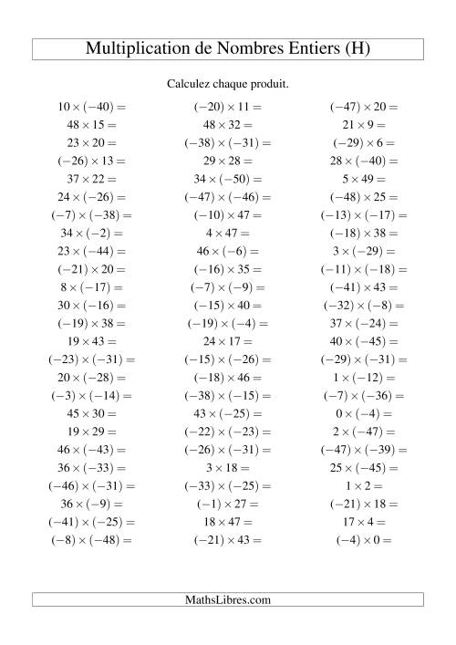 Multiplication de nombres entiers de (-50) à 50 (75 par page) (H)