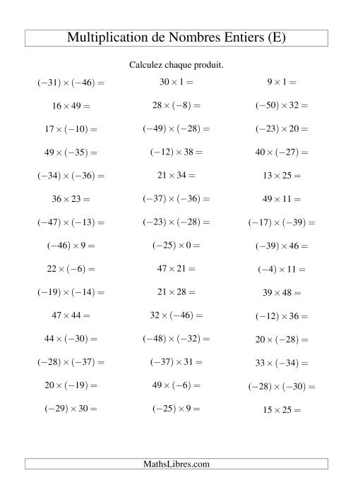 Multiplication de nombres entiers de (-50) à 50 (45 par page) (E)