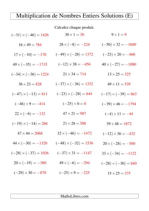 Multiplication de nombres entiers de (-50) à 50 (45 par page) (E) page 2