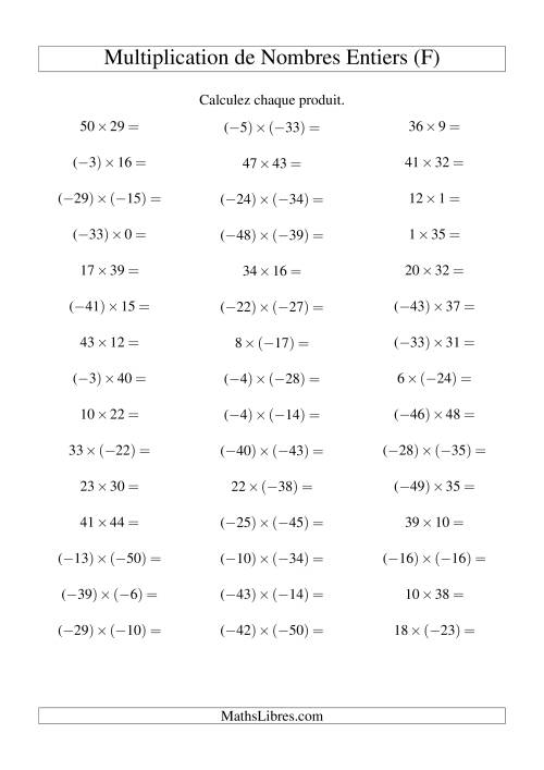 Multiplication de nombres entiers de (-50) à 50 (45 par page) (F)