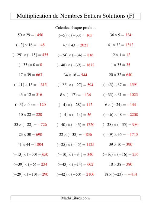 Multiplication de nombres entiers de (-50) à 50 (45 par page) (F) page 2