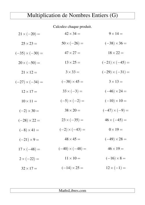 Multiplication de nombres entiers de (-50) à 50 (45 par page) (G)