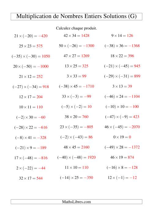 Multiplication de nombres entiers de (-50) à 50 (45 par page) (G) page 2