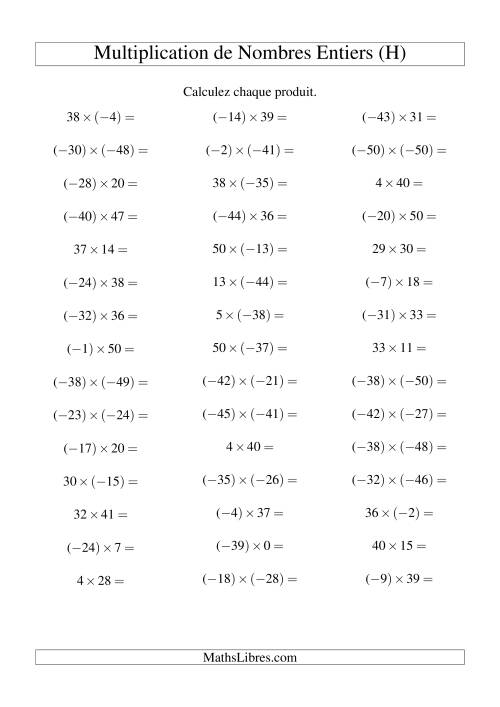 Multiplication de nombres entiers de (-50) à 50 (45 par page) (H)