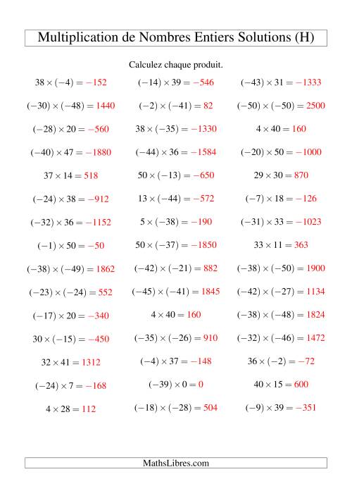 Multiplication de nombres entiers de (-50) à 50 (45 par page) (H) page 2