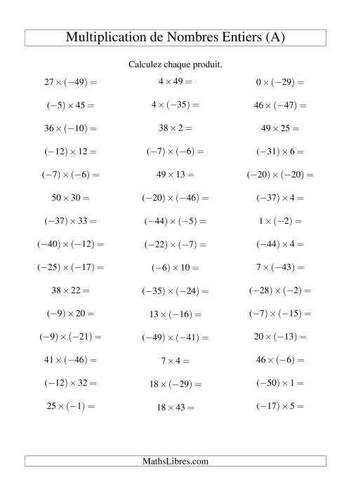 Multiplication de nombres entiers de (-50) à 50 (45 par page) (Tout)
