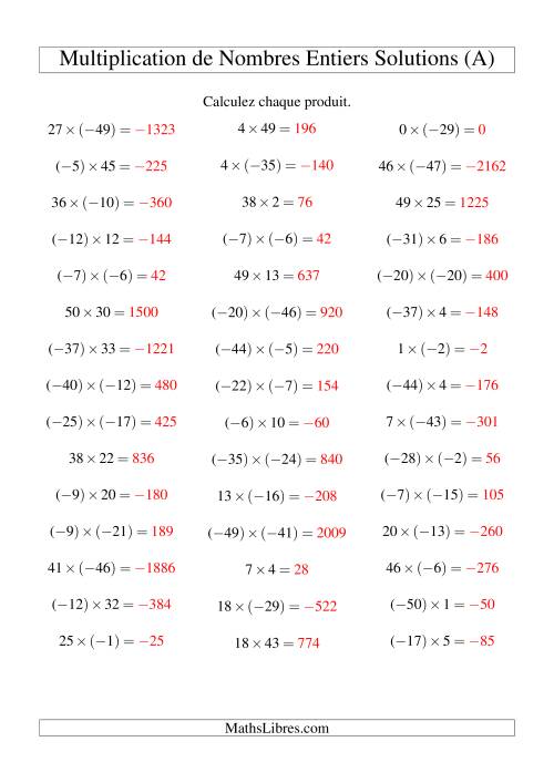 Multiplication de nombres entiers de (-50) à 50 (45 par page) (Tout) page 2