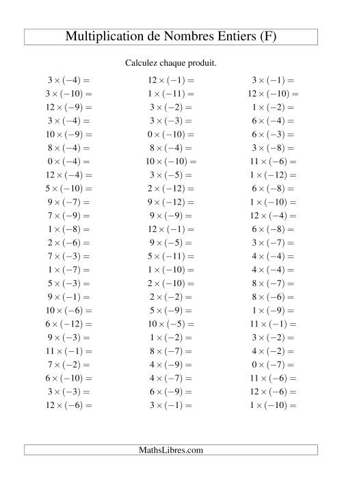 Multiplication de nombres entiers -- Positif multiplié par négatif (75 par page) (F)