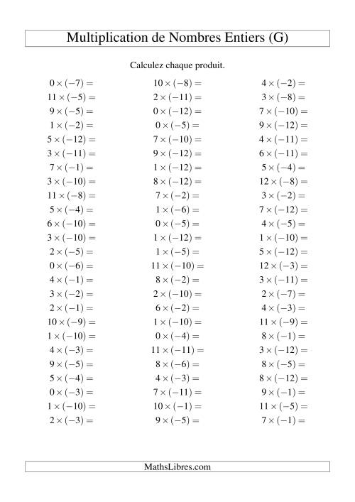 Multiplication de nombres entiers -- Positif multiplié par négatif (75 par page) (G)