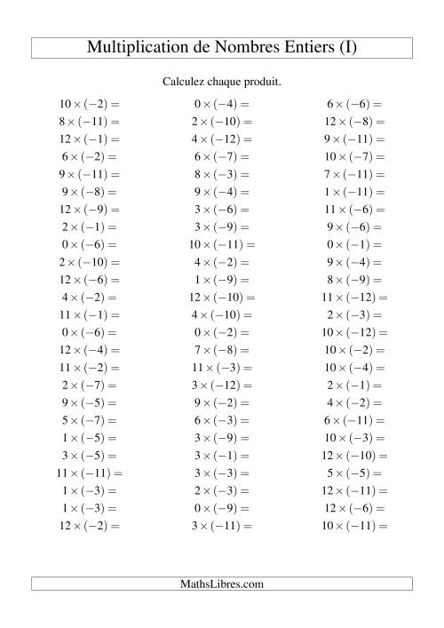 Multiplication de nombres entiers -- Positif multiplié par négatif (75 par page) (I)