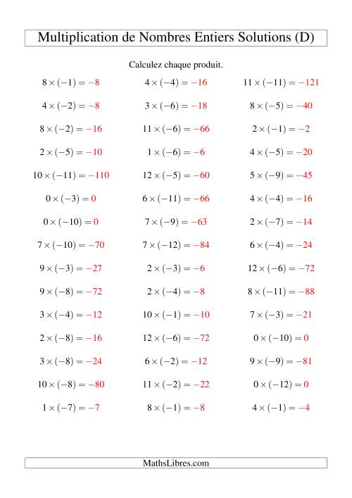 Multiplication de nombres entiers -- Positif multiplié par négatif (45 par page) (D) page 2