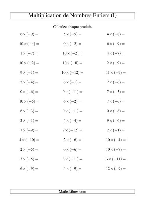Multiplication de nombres entiers -- Positif multiplié par négatif (45 par page) (I)
