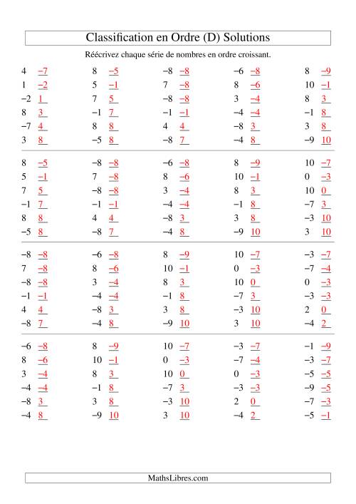 Classification en ordre des nombres entiers (-9 à 9) (D) page 2