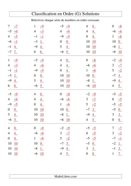 Classification en ordre des nombres entiers (-9 à 9) (G) page 2