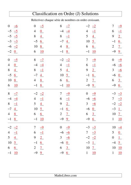 Classification en ordre des nombres entiers (-9 à 9) (J) page 2
