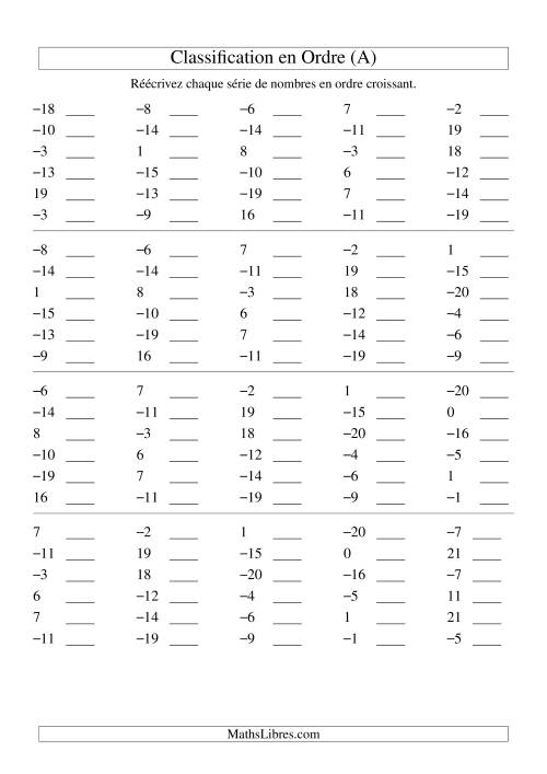 Classification en ordre des nombres entiers (-20 à 20) (A)