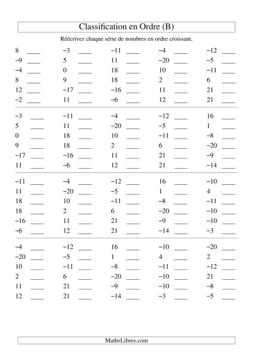 Classification en ordre des nombres entiers (-20 à 20) (B)