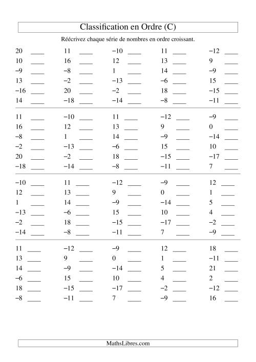 Classification en ordre des nombres entiers (-20 à 20) (C)