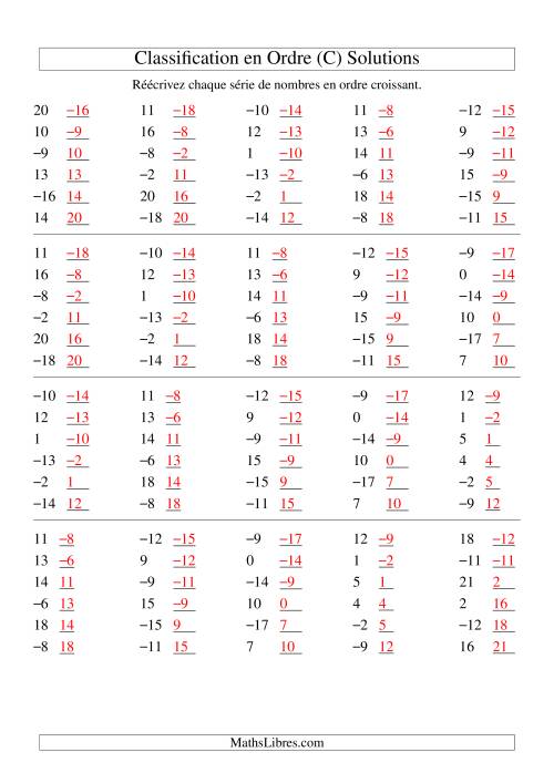 Classification en ordre des nombres entiers (-20 à 20) (C) page 2