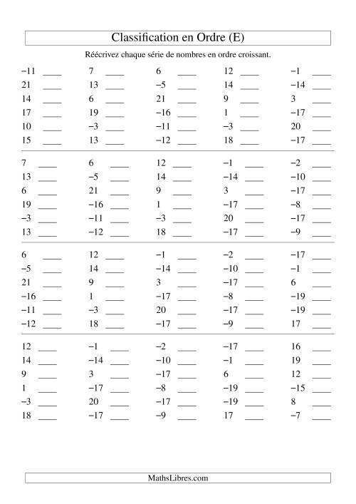 Classification en ordre des nombres entiers (-20 à 20) (E)