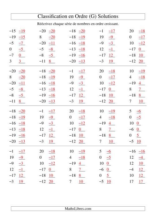 Classification en ordre des nombres entiers (-20 à 20) (G) page 2