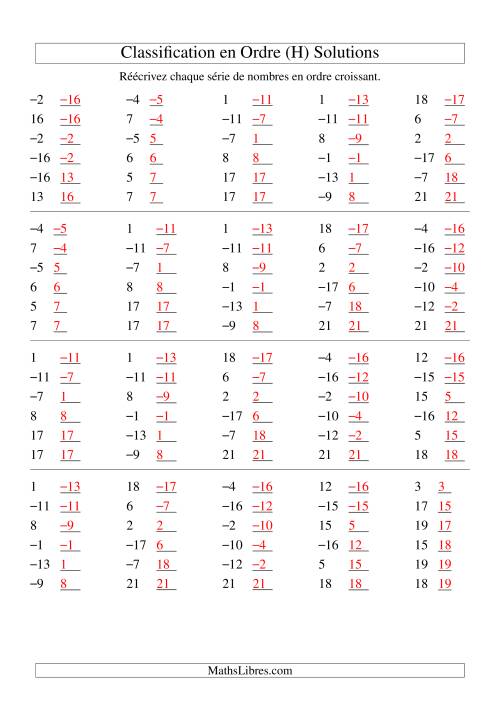 Classification en ordre des nombres entiers (-20 à 20) (H) page 2