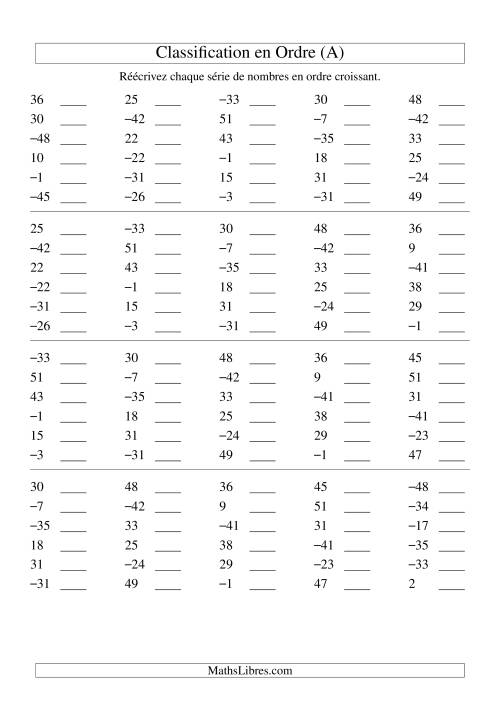 Classification en ordre des nombres entiers (-50 à 50) (A)