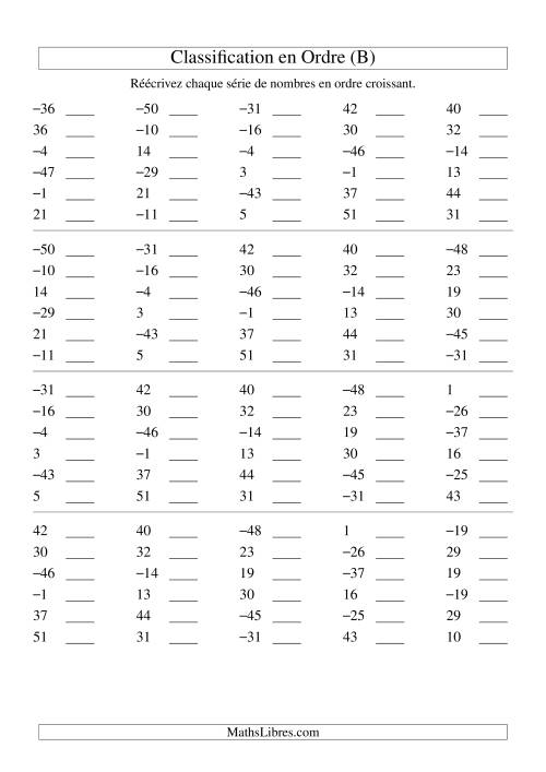 Classification en ordre des nombres entiers (-50 à 50) (B)