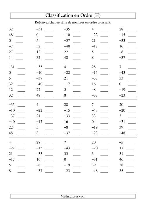 Classification en ordre des nombres entiers (-50 à 50) (H)