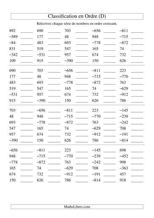 Classification en ordre des nombres entiers (-999 à 999) (D)