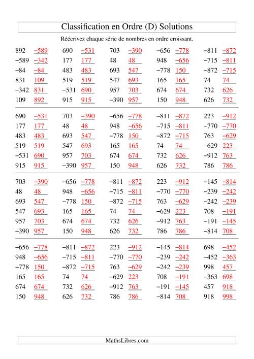 Classification en ordre des nombres entiers (-999 à 999) (D) page 2