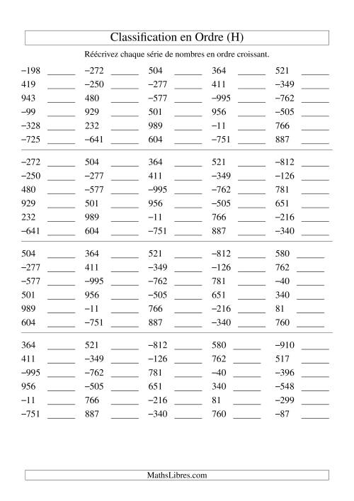 Classification en ordre des nombres entiers (-999 à 999) (H)