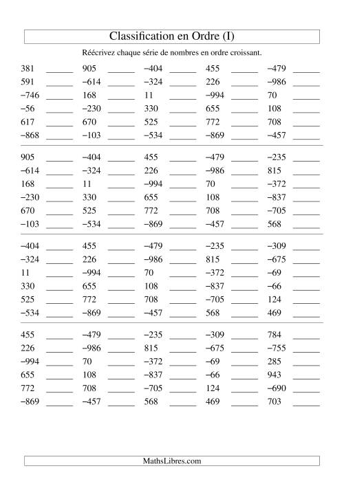 Classification en ordre des nombres entiers (-999 à 999) (I)