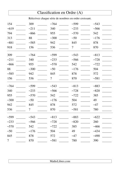 Classification en ordre des nombres entiers (-999 à 999) (Tout)