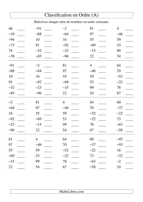 Classification en ordre des nombres entiers (-99 à 99) (A)